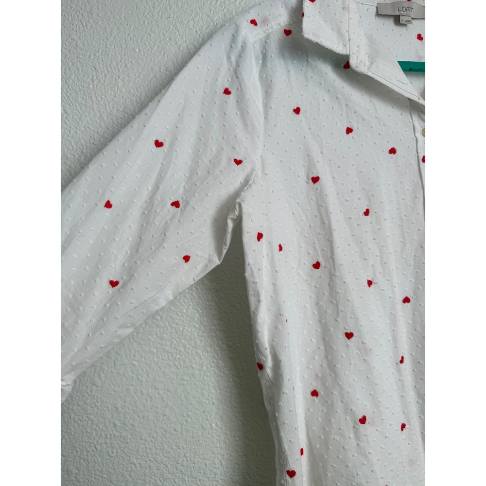 LOFT Womens White Dobby Heart Embroidered Button Down Shirt Size M Red Hearts - Picture 4 of 12